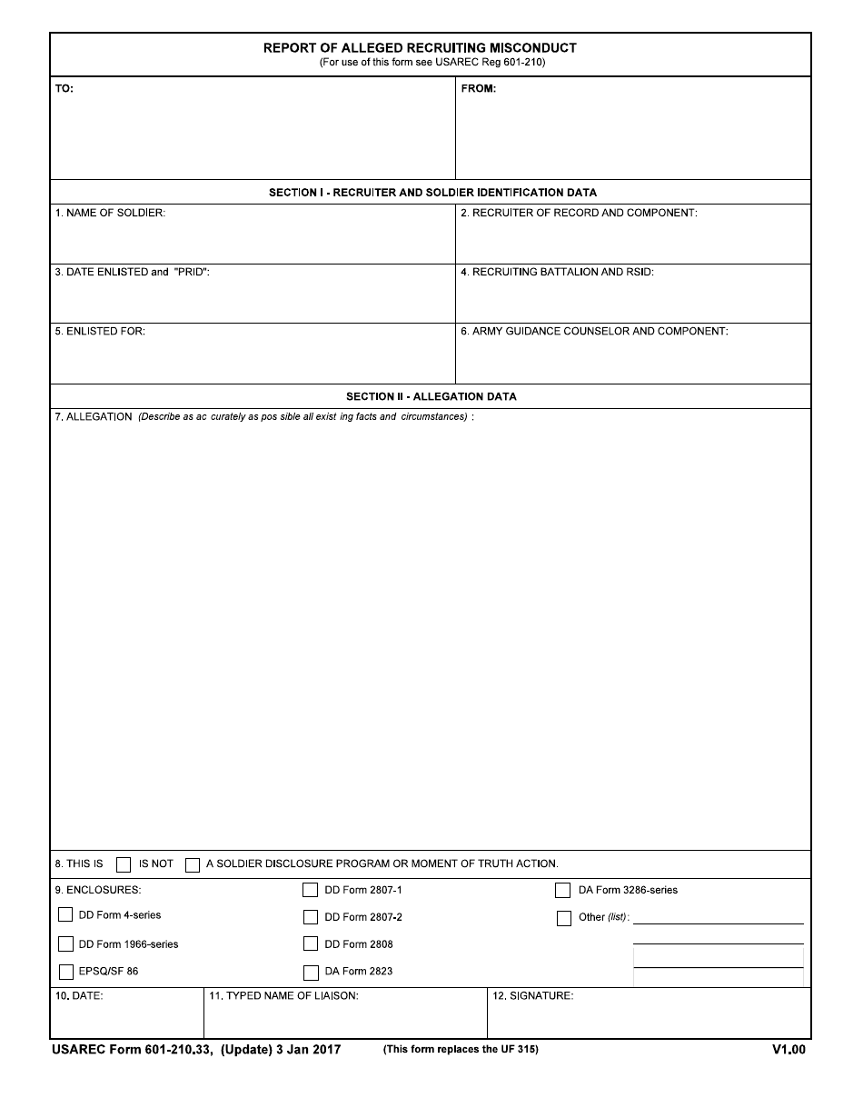 USAREC Form 601-210.33 Report of Alleged Recruiting Misconduct, Page 1