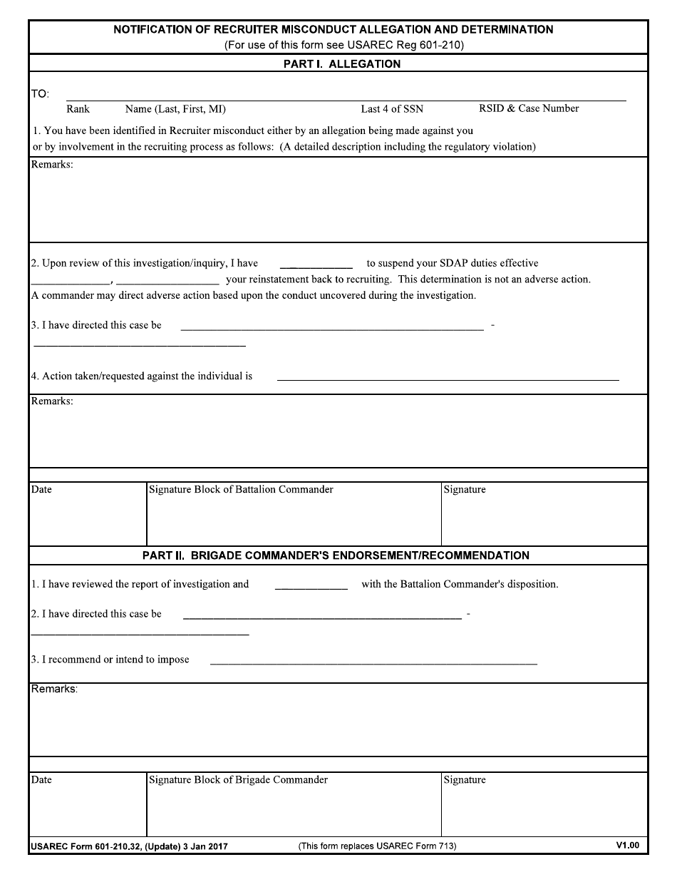 USAREC Form 601-210.32 Notification of Recruiter Misconduct Allegation and Determination, Page 1