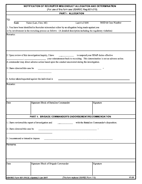 USAREC Form 601-210.32 Notification of Recruiter Misconduct Allegation and Determination