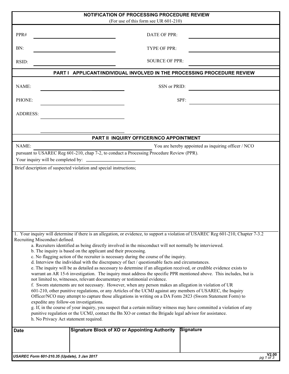USAREC Form 601-210.35 Notification of Processing Procedure Review, Page 1