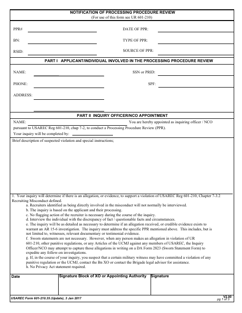 USAREC Form 601-210.35 Notification of Processing Procedure Review