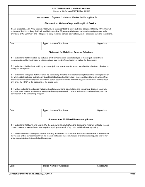USAREC Form 601-37.14 Statements of Understanding