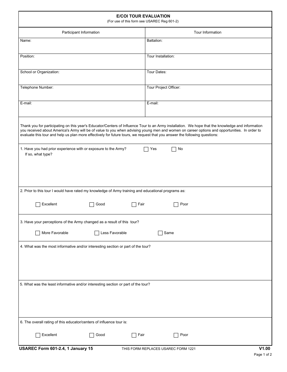 USAREC Form 601-2.4 E / Coi Tour Evaluation, Page 1