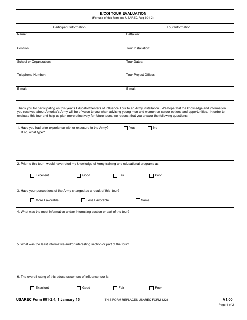 USAREC Form 601-2.4 E/Coi Tour Evaluation