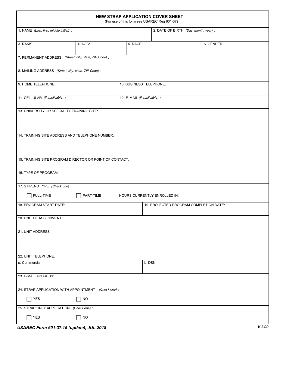 USAREC Form 601-37.15 New Strap Application Cover Sheet, Page 1