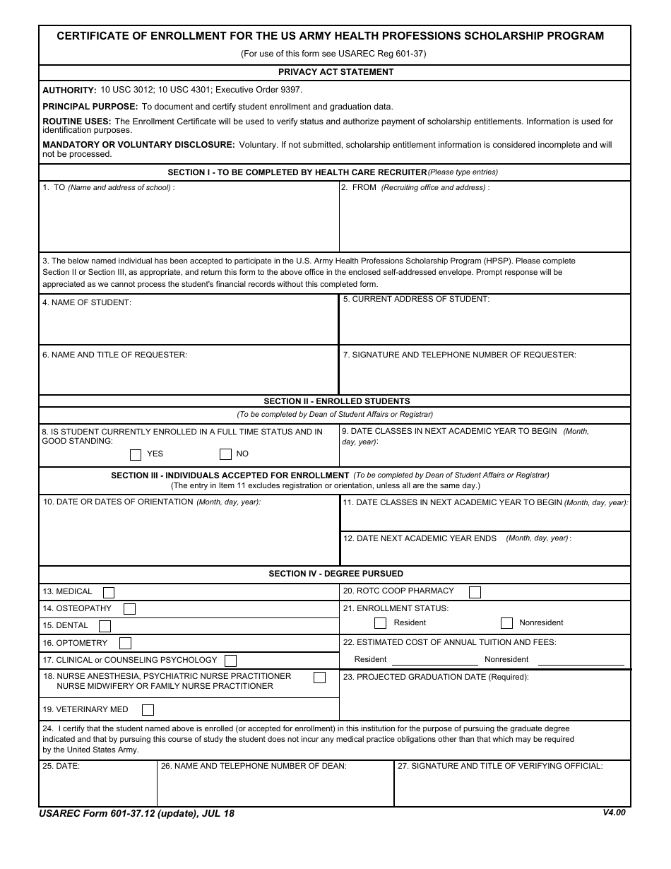 USAREC Form 601-37.12 Certificate of Enrollment for the US Army Health Professions Scholarship Program, Page 1