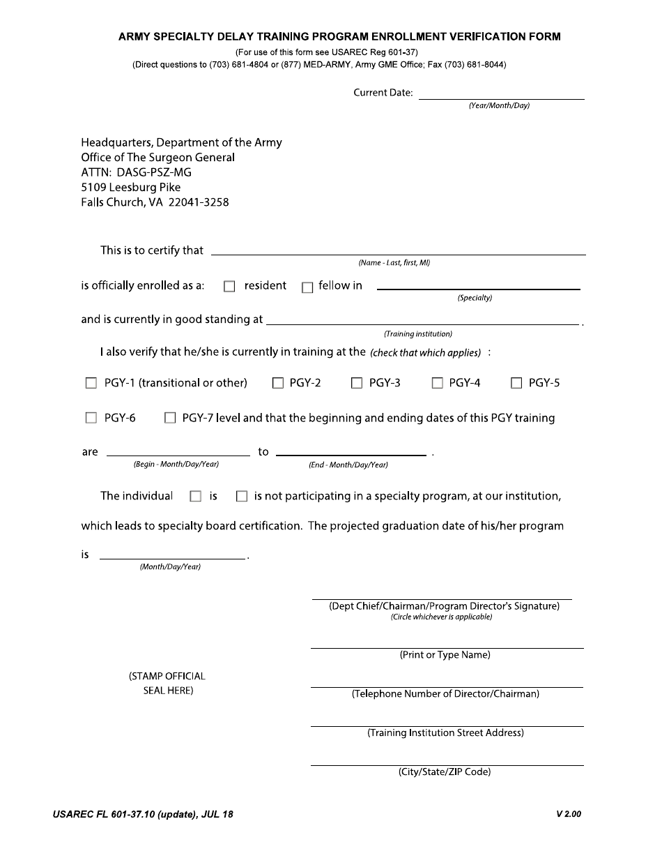 USAREC Form 601-37.10 Army Specialty Delay Training Program Enrollment Verification Form, Page 1