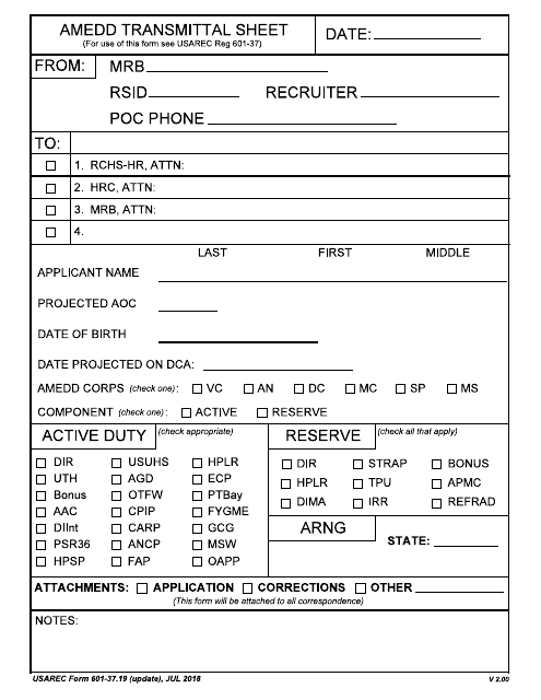 USAREC Form 601-37.19 Amedd Transmittal Sheet