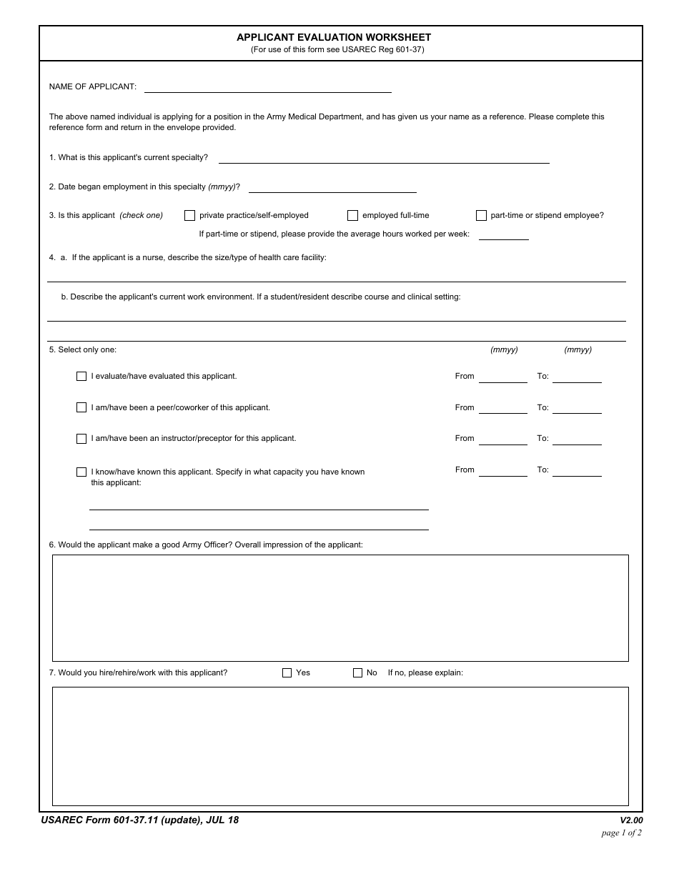 USAREC Form 601-37.11 Applicant Evaluation Worksheet, Page 1