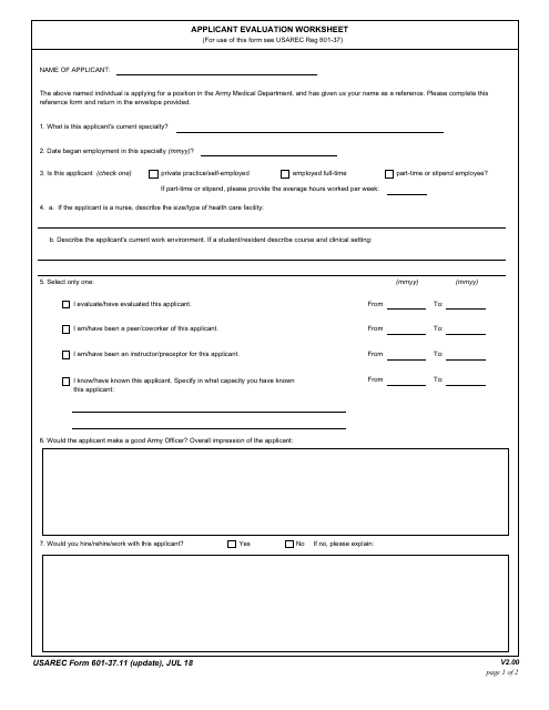 USAREC Form 601-37.11 Applicant Evaluation Worksheet
