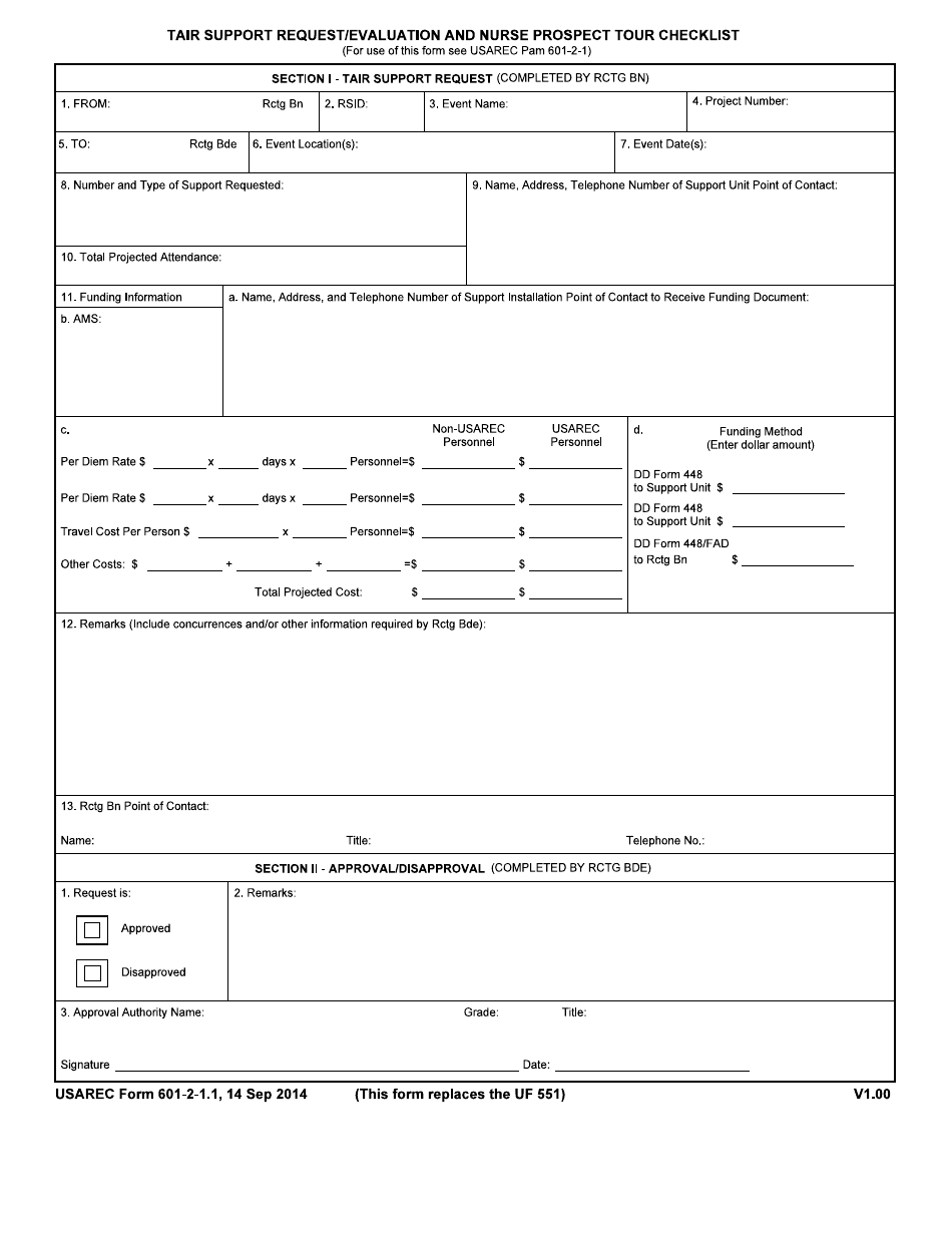 USAREC Form 601-2-1.1 Tair Support Request / Evaluation and Nurse Prospect Tour Checklist, Page 1