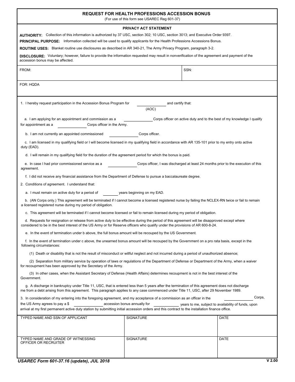 USAREC Form 601-37.16 Request for Health Professions Accession Bonus, Page 1