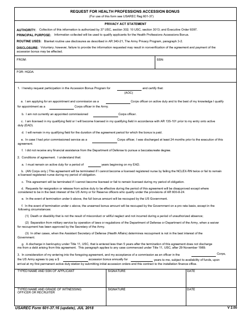 USAREC Form 601-37.16  Printable Pdf