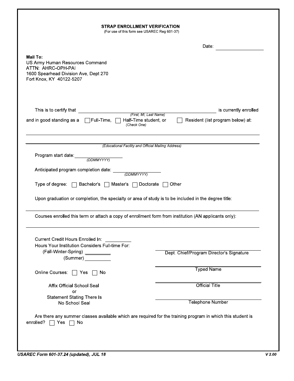 USAREC Form 601-37.24 Strap Enrollment Verification, Page 1