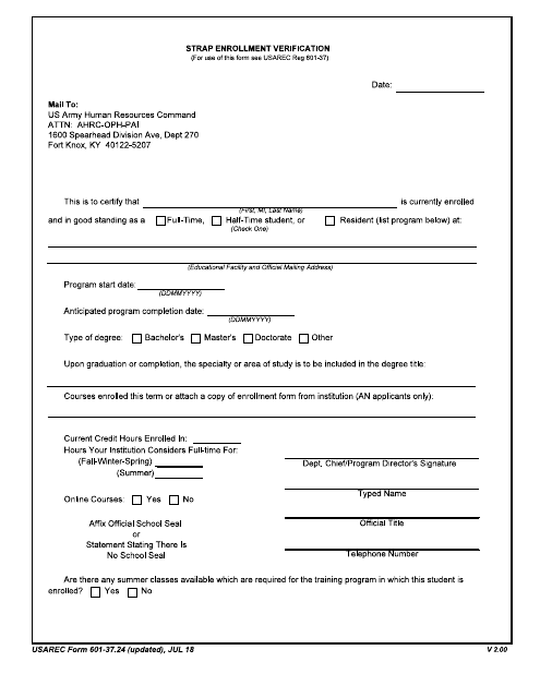 USAREC Form 601-37.24 Strap Enrollment Verification