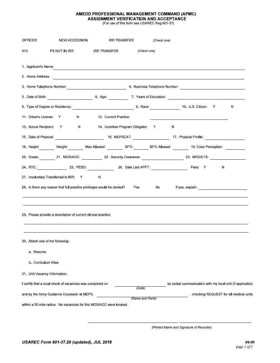 USAREC Form 601-37.20 Amedd Professional Management Command (Apmc) Assignment Verification and Acceptance, Page 1