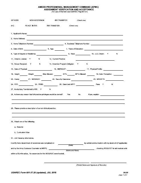 USAREC Form 601-37.20  Printable Pdf