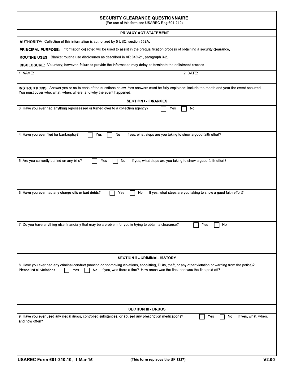 USAREC Form 601-210.10 Security Clearance Questionnaire, Page 1