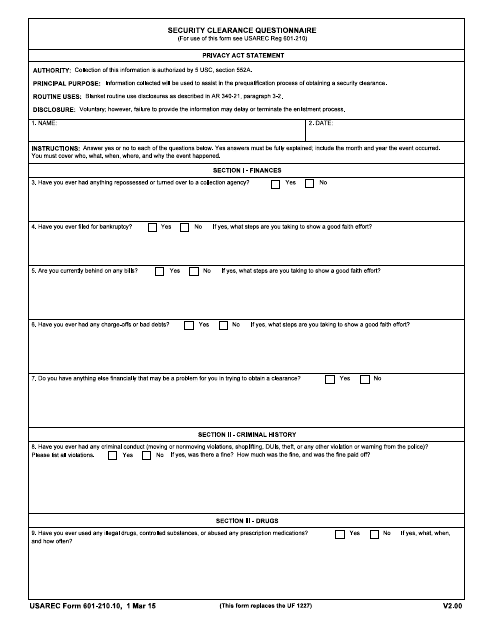 USAREC Form 601-210.10 Security Clearance Questionnaire