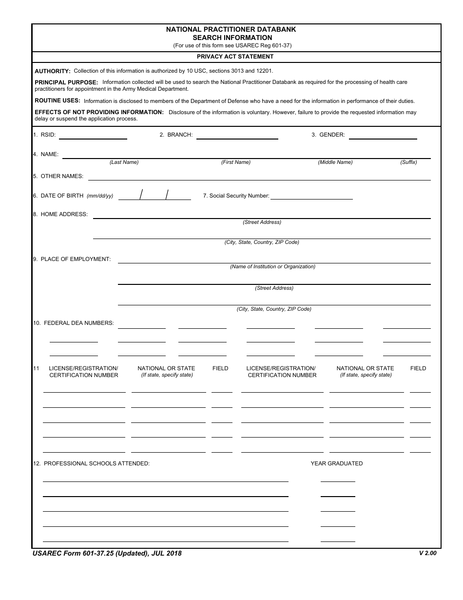 USAREC Form 601-37.25 National Practitioner Databank Search Information, Page 1
