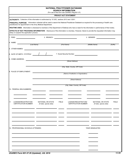 USAREC Form 601-37.25 National Practitioner Databank Search Information