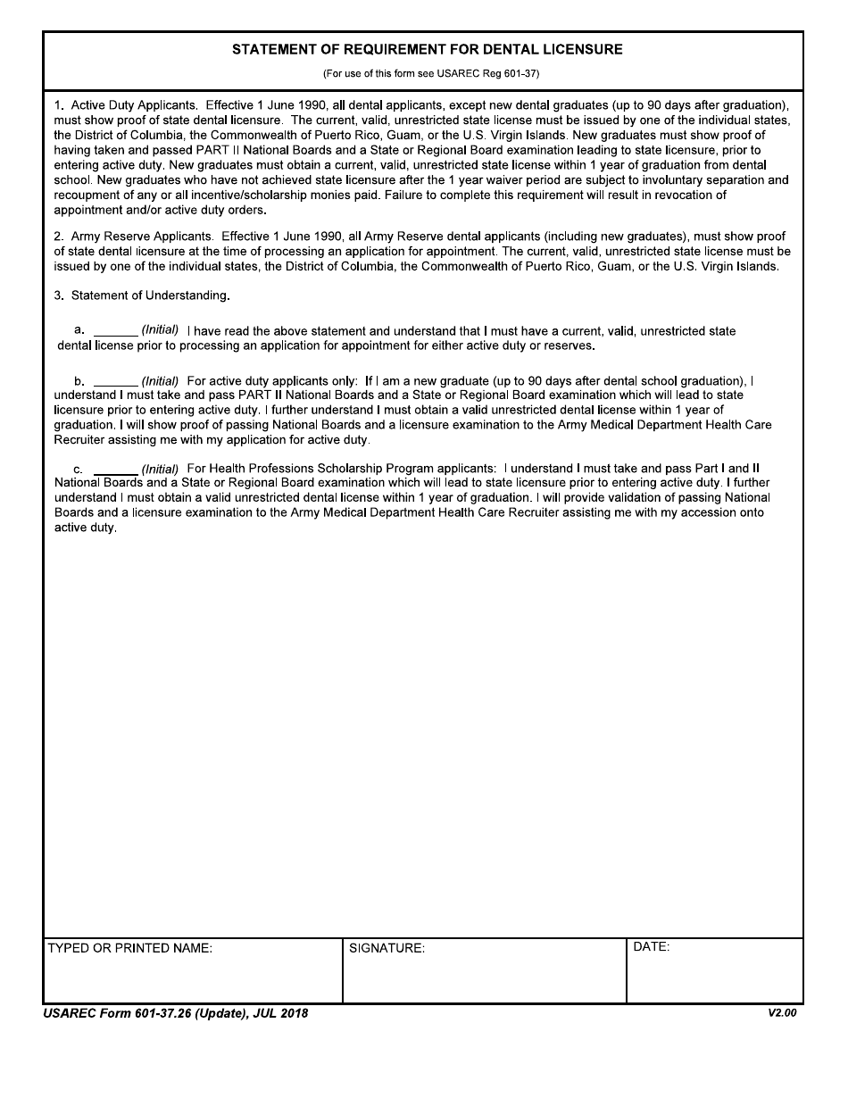 USAREC Form 601-37.26 Statement of Requirement for Dental Licensure, Page 1