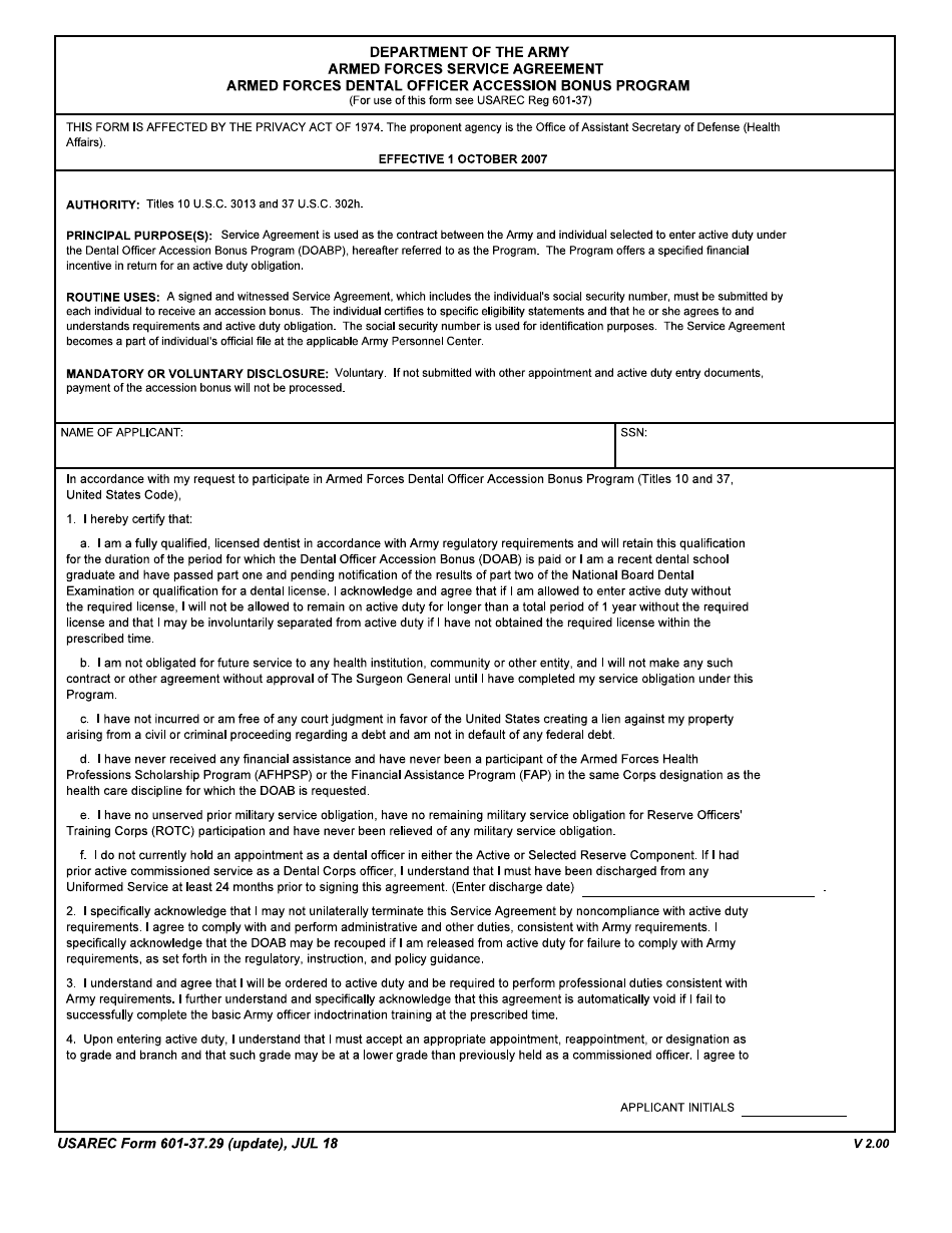 USAREC Form 601-37.29 Armed Forces Service Agreement- Armed Forces Dental Officer Accession Bonus Program, Page 1
