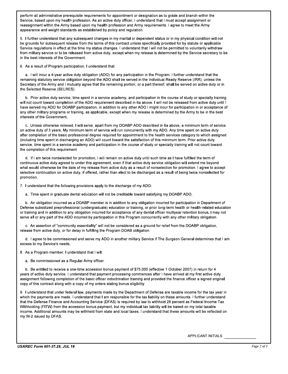 USAREC Form 601-37.29 Armed Forces Service Agreement- Armed Forces Dental Officer Accession Bonus Program, Page 2