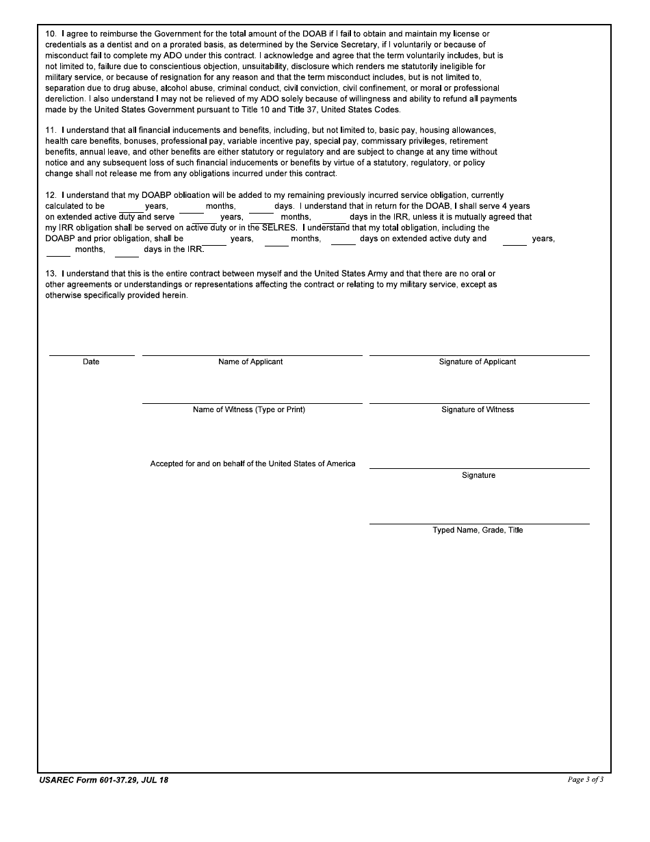 USAREC Form 601-37.29 Armed Forces Service Agreement- Armed Forces Dental Officer Accession Bonus Program, Page 3
