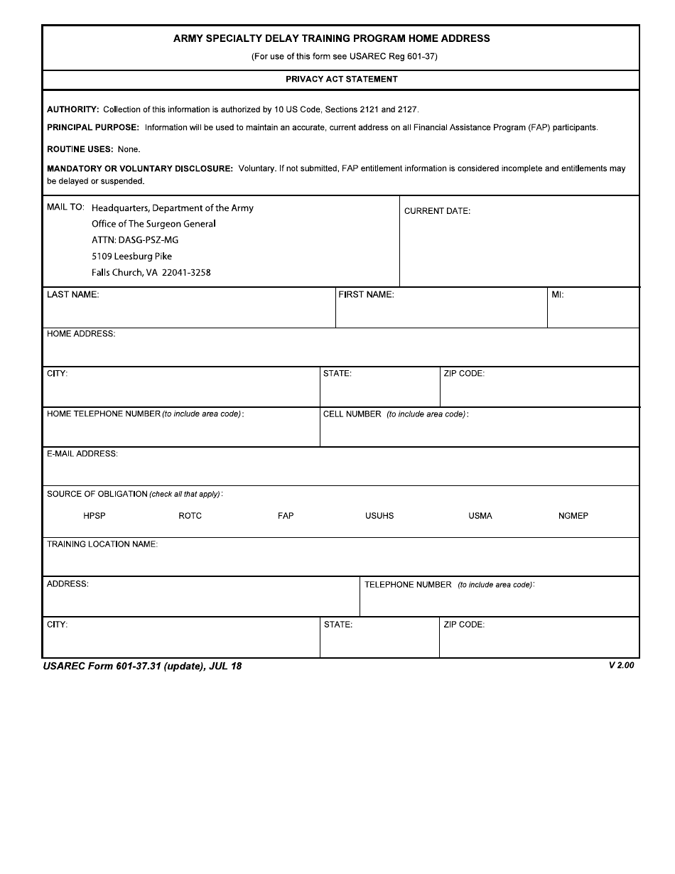 USAREC Form 601-37.31 Army Specialty Delay Training Program Home Address, Page 1