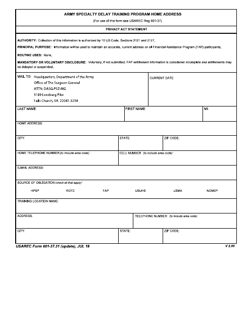 USAREC Form 601-37.31  Printable Pdf