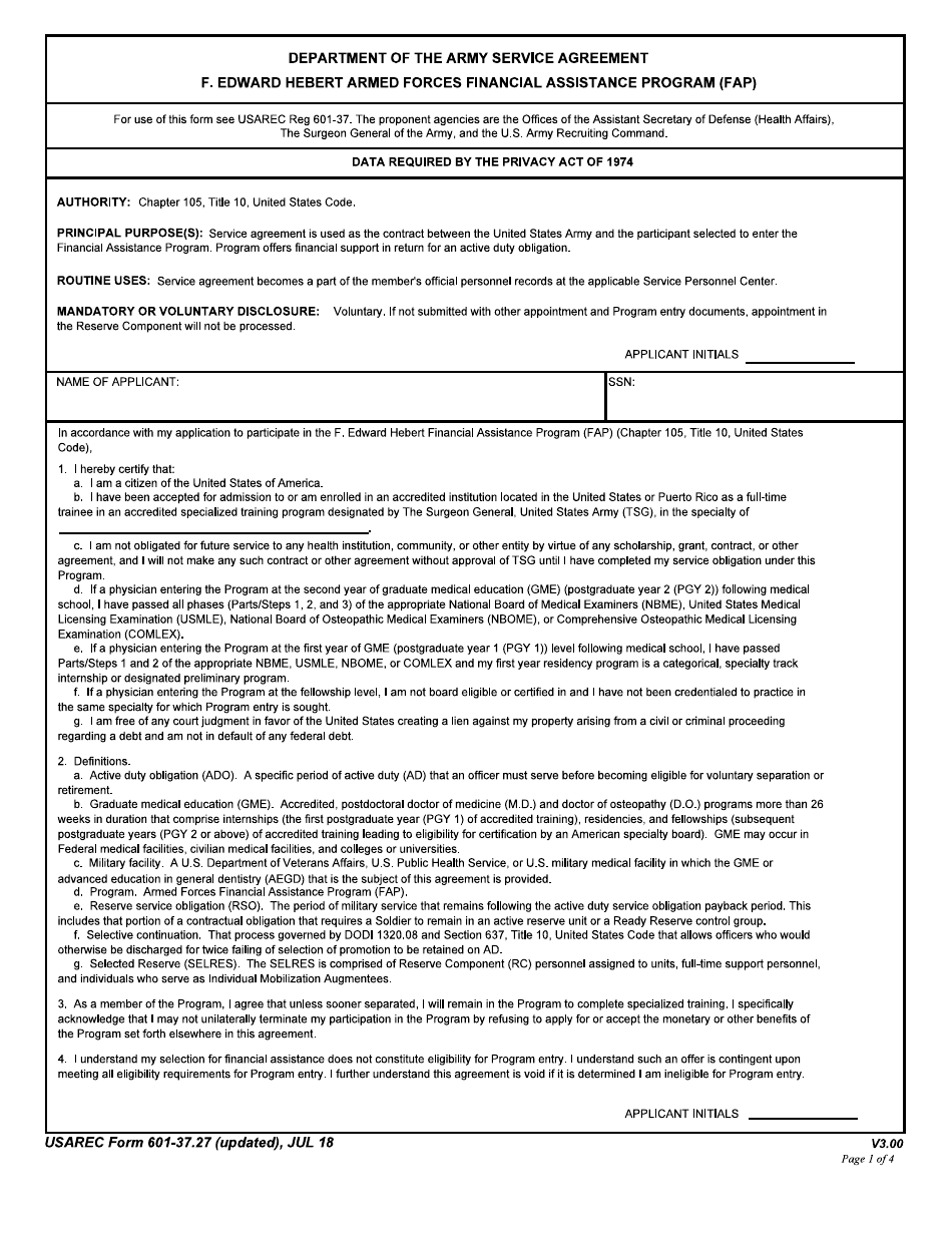 USAREC Form 601-37.27 Deptartment of the Army Service Agreement - F.edward Hebert Armed Forces Financial Assistance Program (Fap), Page 1
