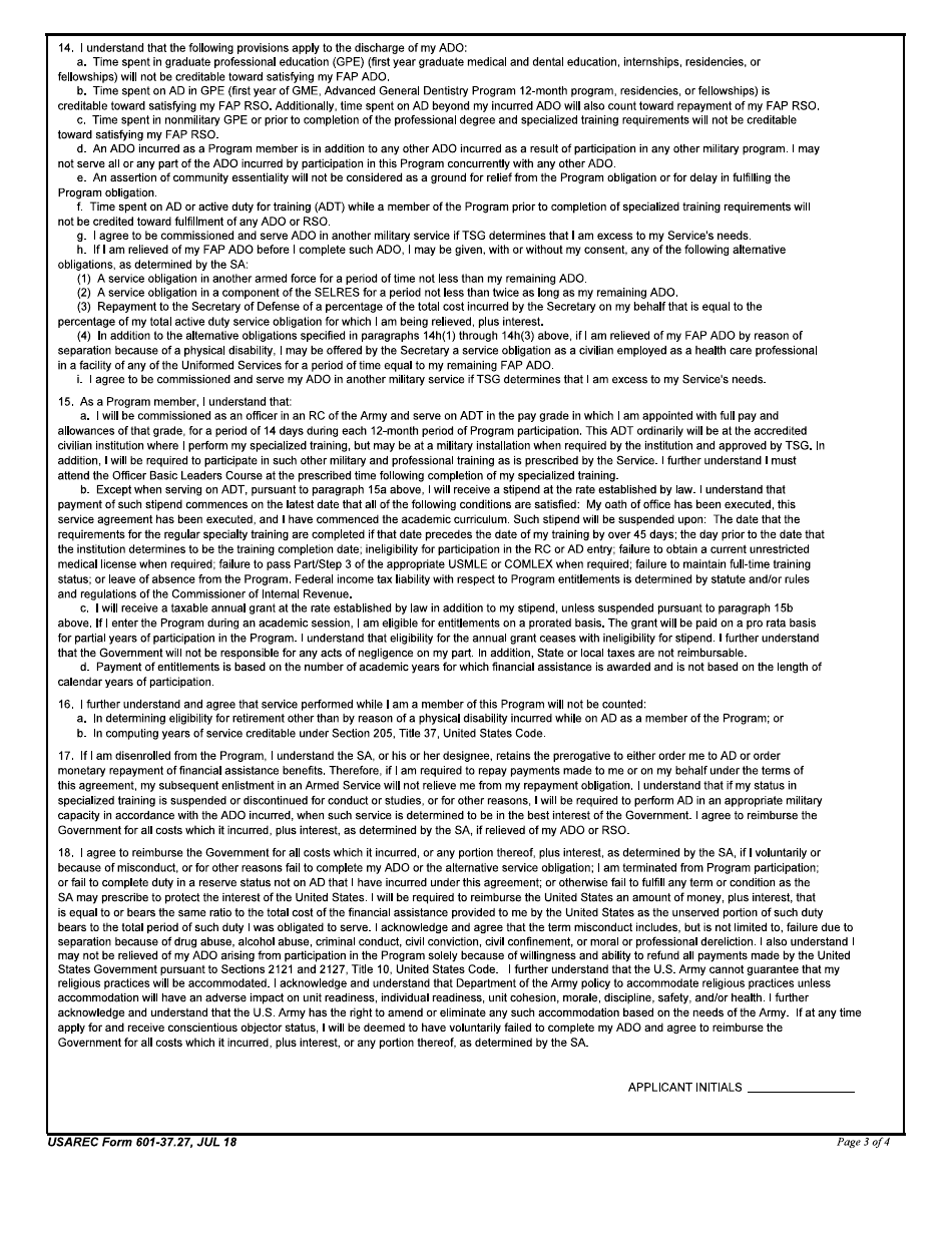 USAREC Form 601-37.27 Deptartment of the Army Service Agreement - F.edward Hebert Armed Forces Financial Assistance Program (Fap), Page 3