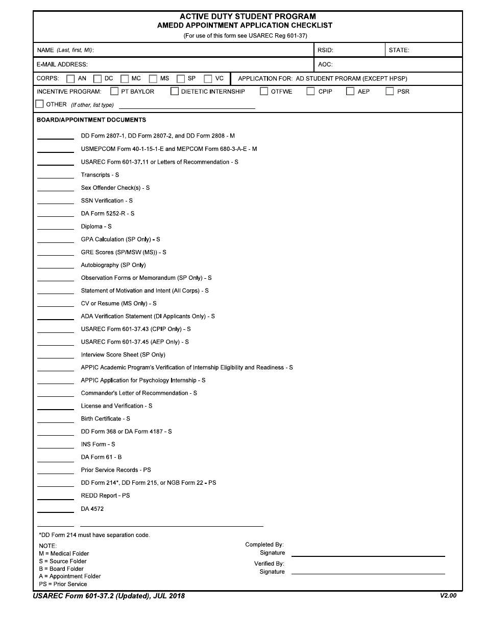 USAREC Form 601-37.2 Amedd Appointment Application Checklist - Active Duty Student Program, Page 1