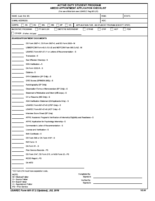 USAREC Form 601-37.2 Amedd Appointment Application Checklist - Active Duty Student Program