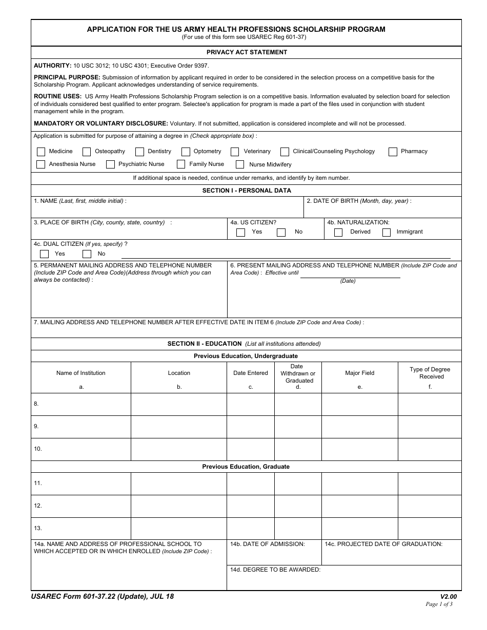 USAREC Form 601-37.22 Application for the US Army Health Professions Scholarship Program, Page 1