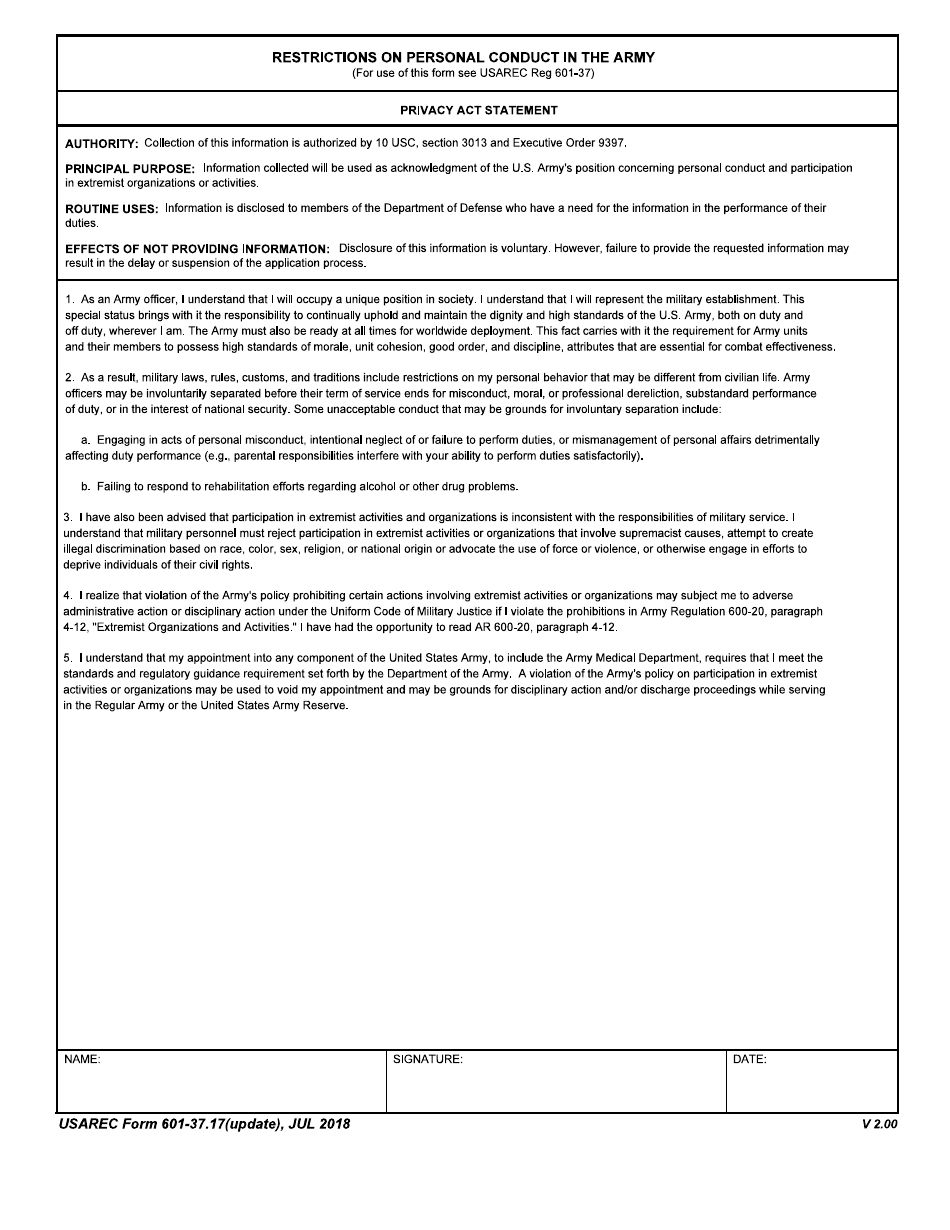 USAREC Form 601-37.17 Restrictions on Personal Conduct in the Army, Page 1