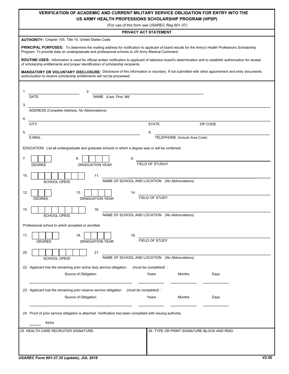 USAREC Form 601-37.35 Verification of Academic and Current Military Service Obligation for Entry Into the US Army Health Professions Scholarship Program (Hpsp), Page 1