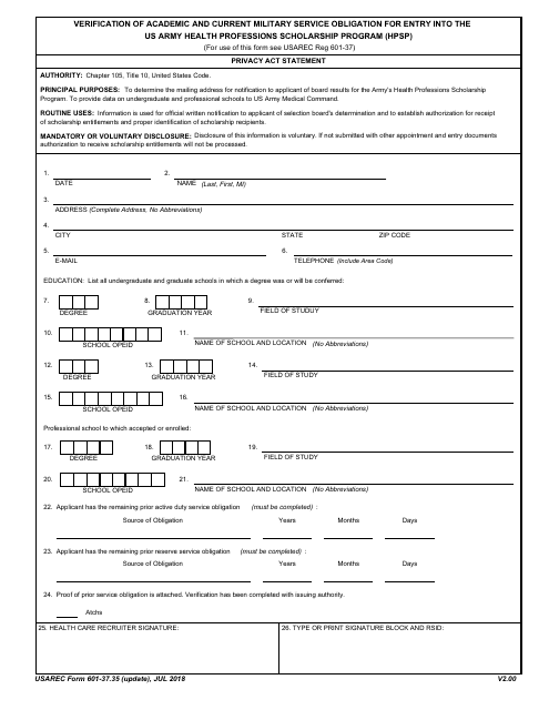 USAREC Form 601-37.35  Printable Pdf