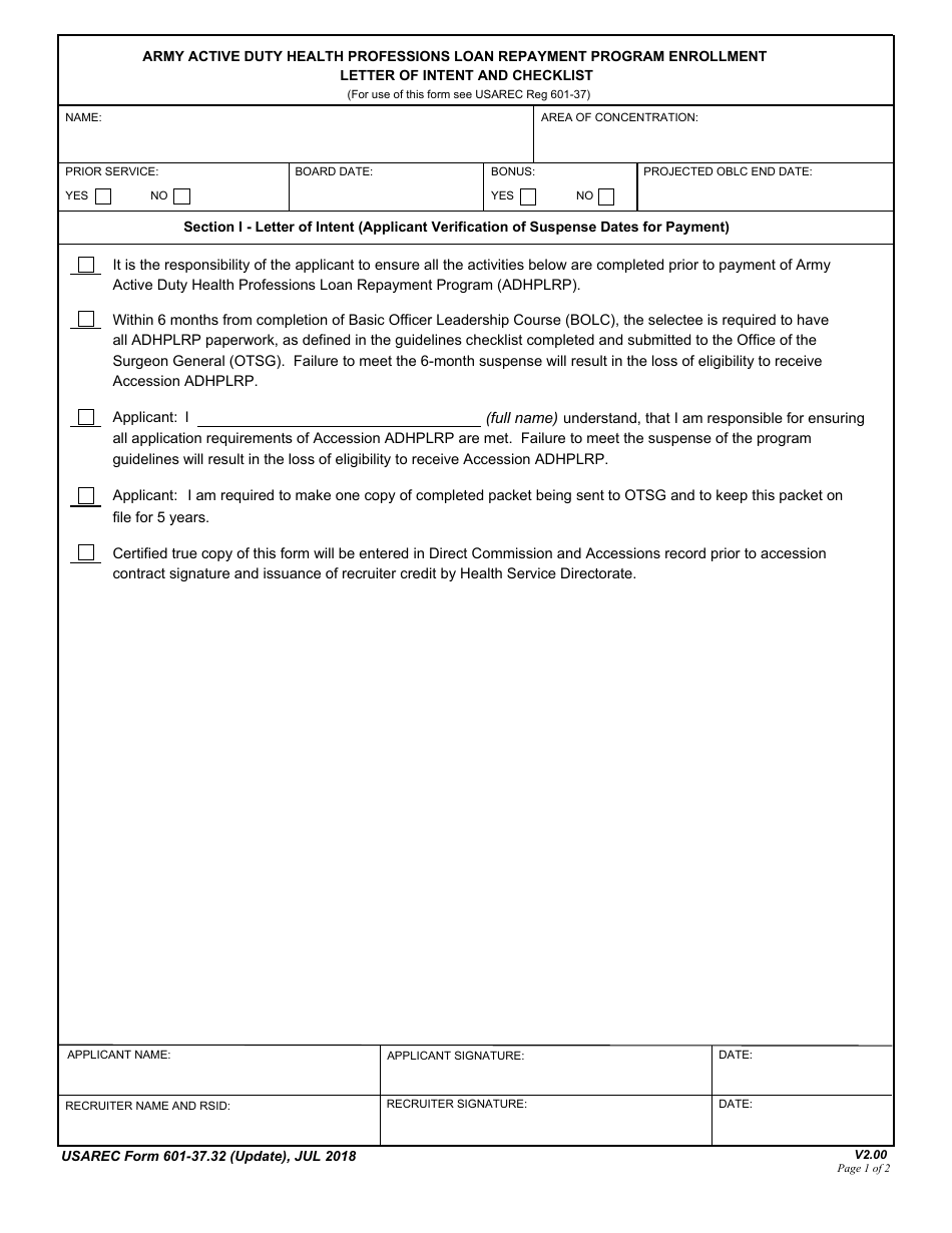 USAREC Form 601-37.32 Army Active Duty Health Professions Loan Repayment Program Enrollment Letter of Intent and Checklist, Page 1