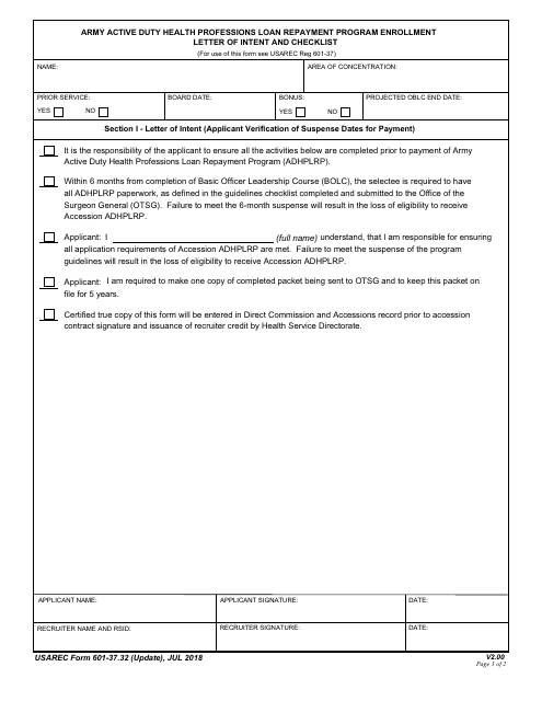 USAREC Form 601-37.32  Printable Pdf