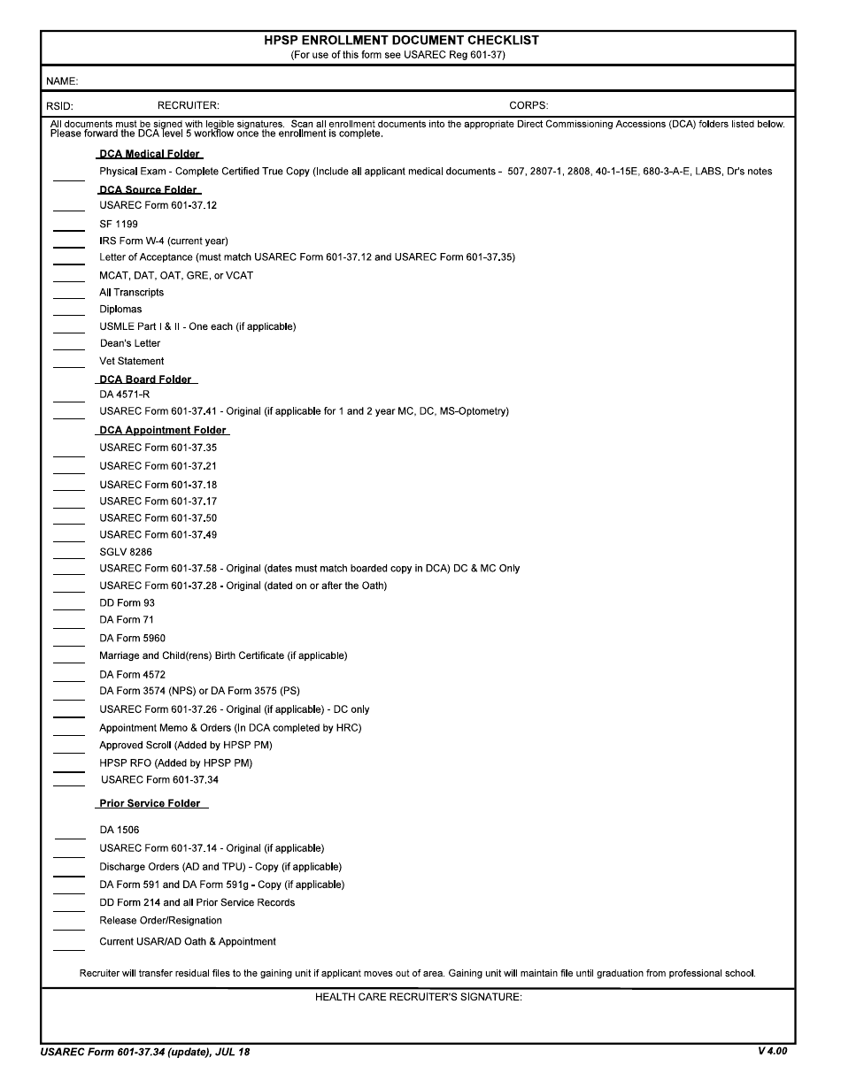 USAREC Form 601-37.34 Hpsp Enrollment Document Checklist, Page 1