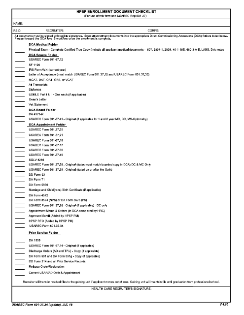 USAREC Form 601-37.34 Hpsp Enrollment Document Checklist