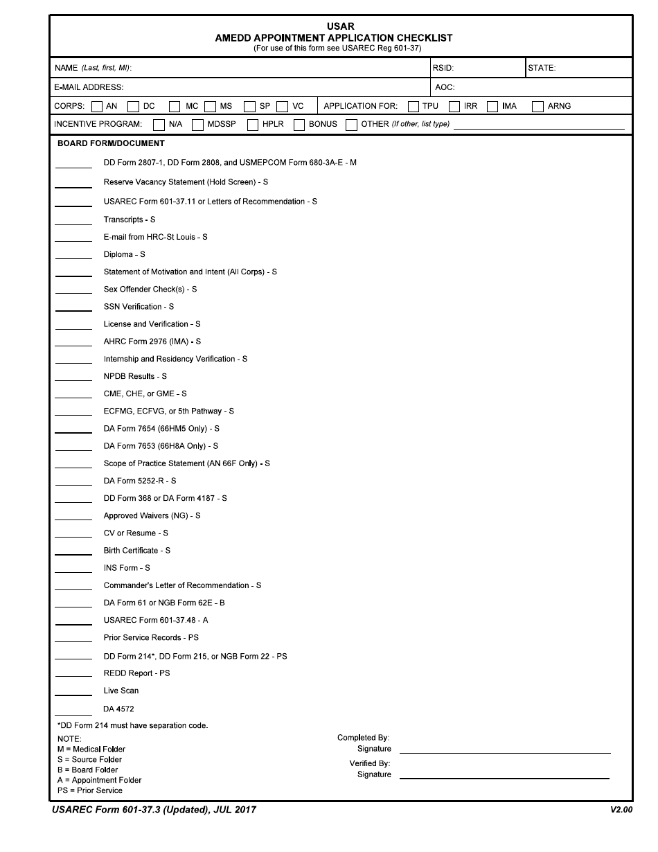 USAREC Form 601-37.3 USAR Amedd Appointment Application Checklist, Page 1