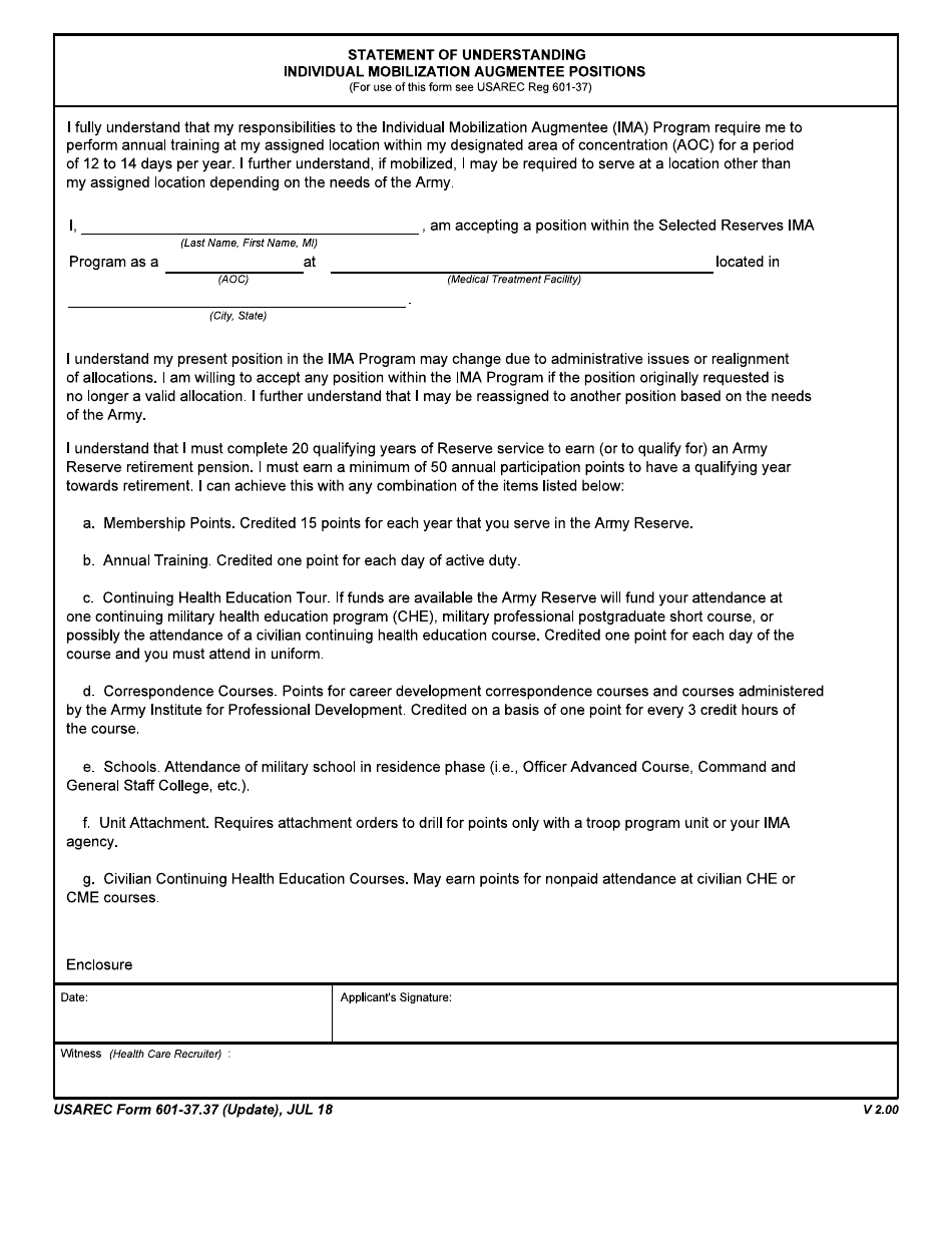 USAREC Form 601-37.37 Statement of Understanding - Individual Mobilzation Augmentee Positions, Page 1