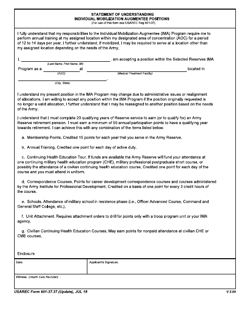 USAREC Form 601-37.37 Statement of Understanding - Individual Mobilzation Augmentee Positions