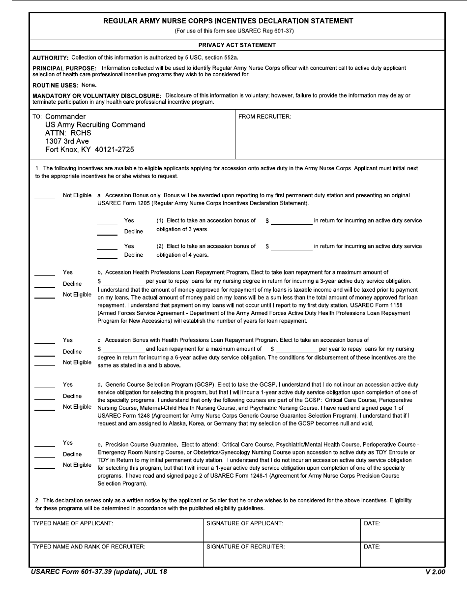USAREC Form 601-37.39 Regular Army Nurse Officer Incentives Declaration Statement, Page 1