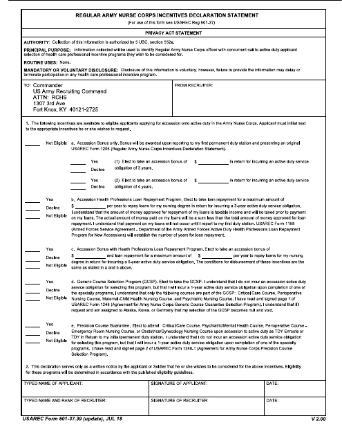 USAREC Form 601-37.39 Regular Army Nurse Officer Incentives Declaration Statement