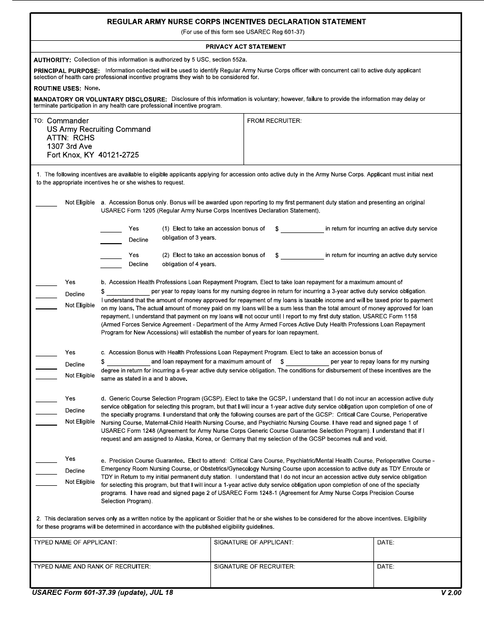 USAREC Form 601-37.39 - Fill Out, Sign Online and Download Fillable PDF ...