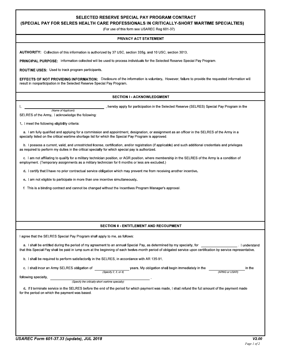 USAREC Form 601-37.33 Selected Reserve Special Pay Program Contract (Special Pay for Selres Health Care Professionals in Critically-Short Wartime Specialties), Page 1